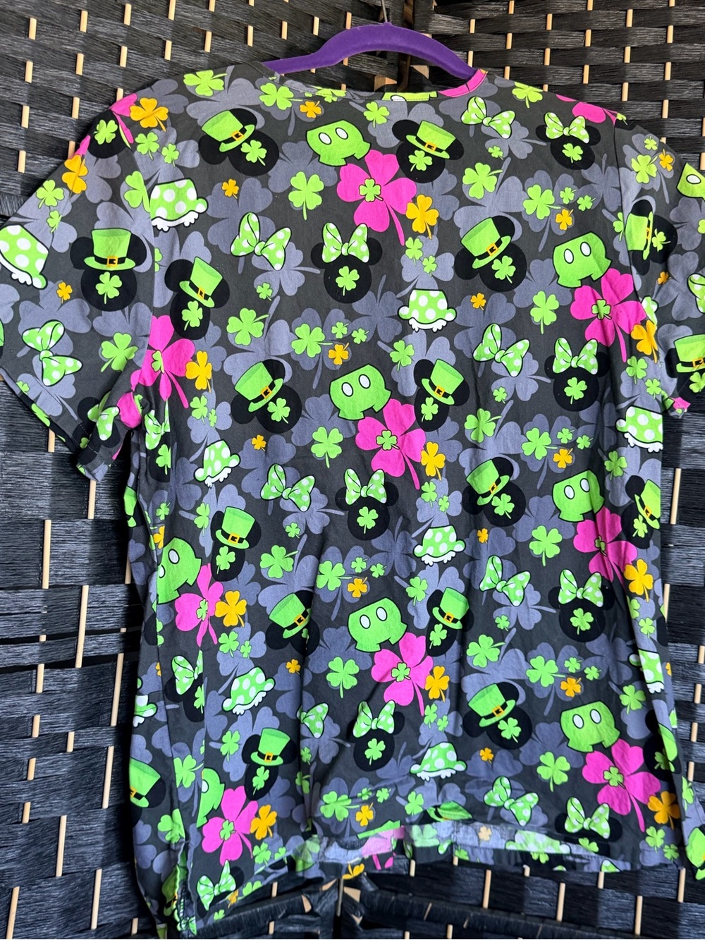 Disney Women's Neon Clover Print Short Sleeve Top - Black, Neon Green & Hot Pink - Picture 2 of 3